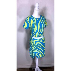 Double Zero Zebra Swirl Knit 2 Piece Set Crop Top Mini Skirt Blue Lime Green M